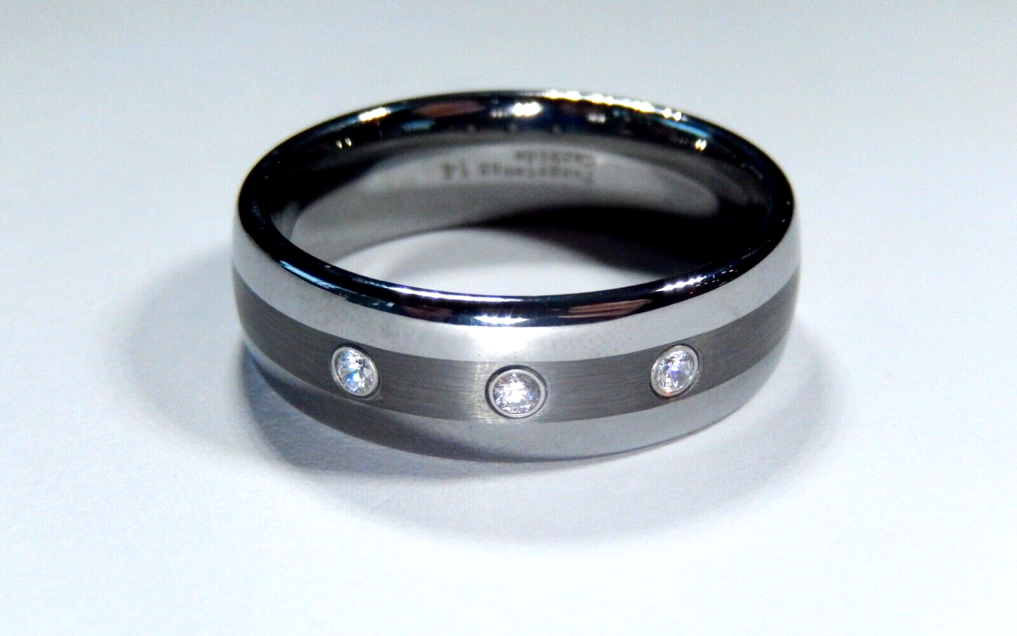 *NEW* Tungsten Comfort Fit 8MM Matte Silver Wedding Band w/ 3 CZ Stones Sz - 15