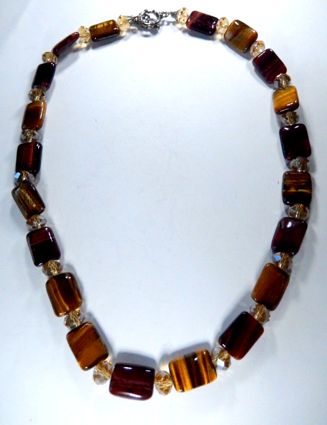 *VINTAGE*  Genuine Tigers Eye Bead Necklace With Crystal Bead Spacers 20" Length