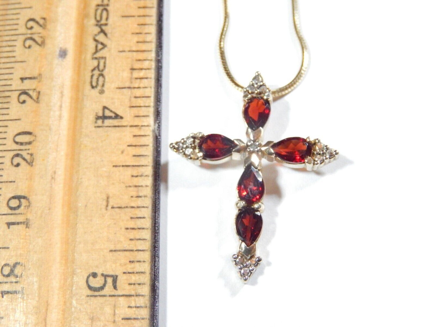 Vermeil Gold Over Sterling Silver GARNET  DIAMOND Cross Necklace w18 Chain