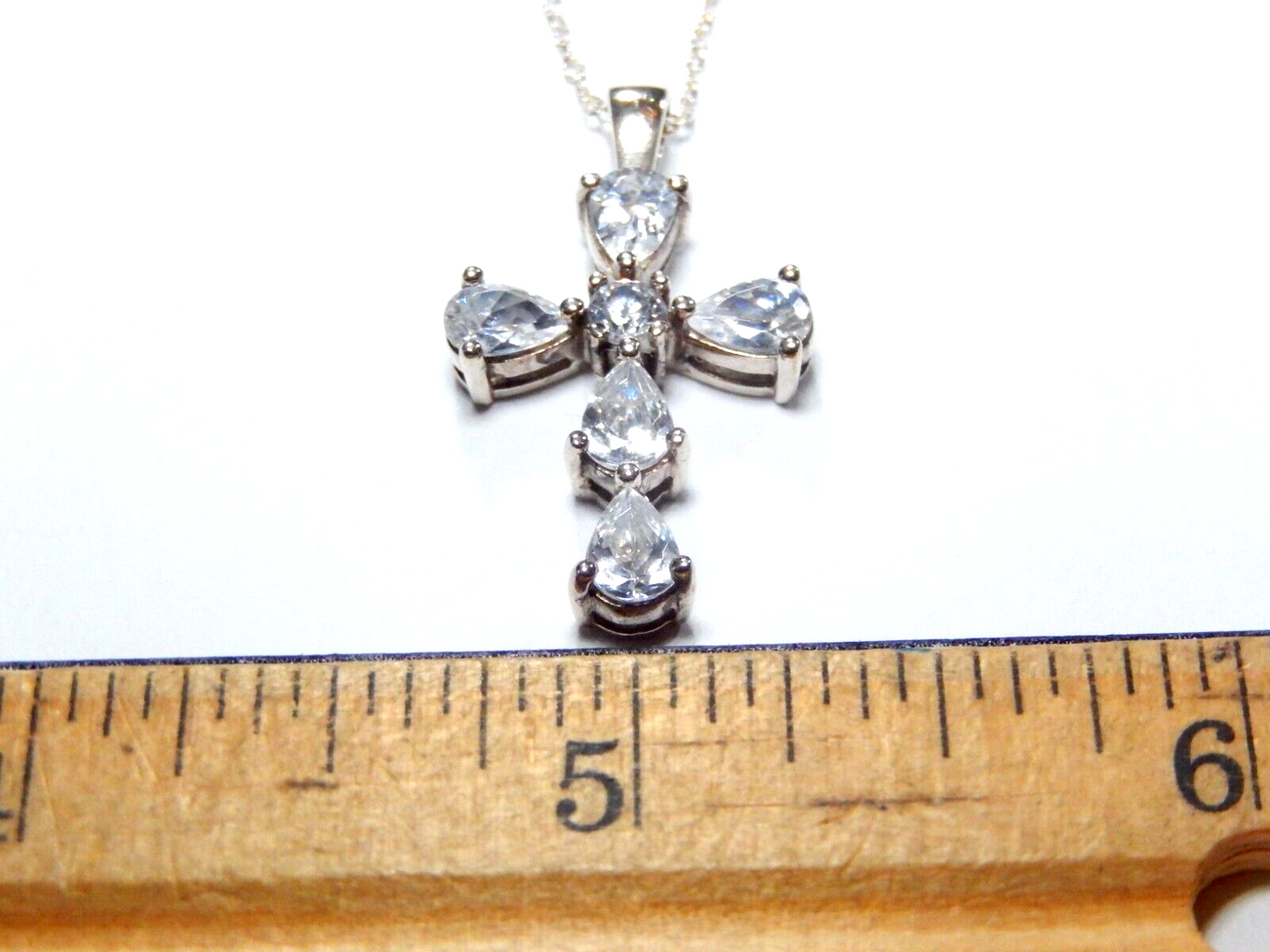 CZ Cross Pendant Sterling Silver Pear Shaped Cubic Zirconia Stones w/18" Chain