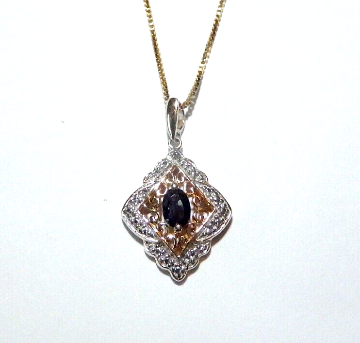 VINTAGE  Gold Vermeil 925 Blue Sapphire  Diamond Pendant w 18 Vermeil Chain