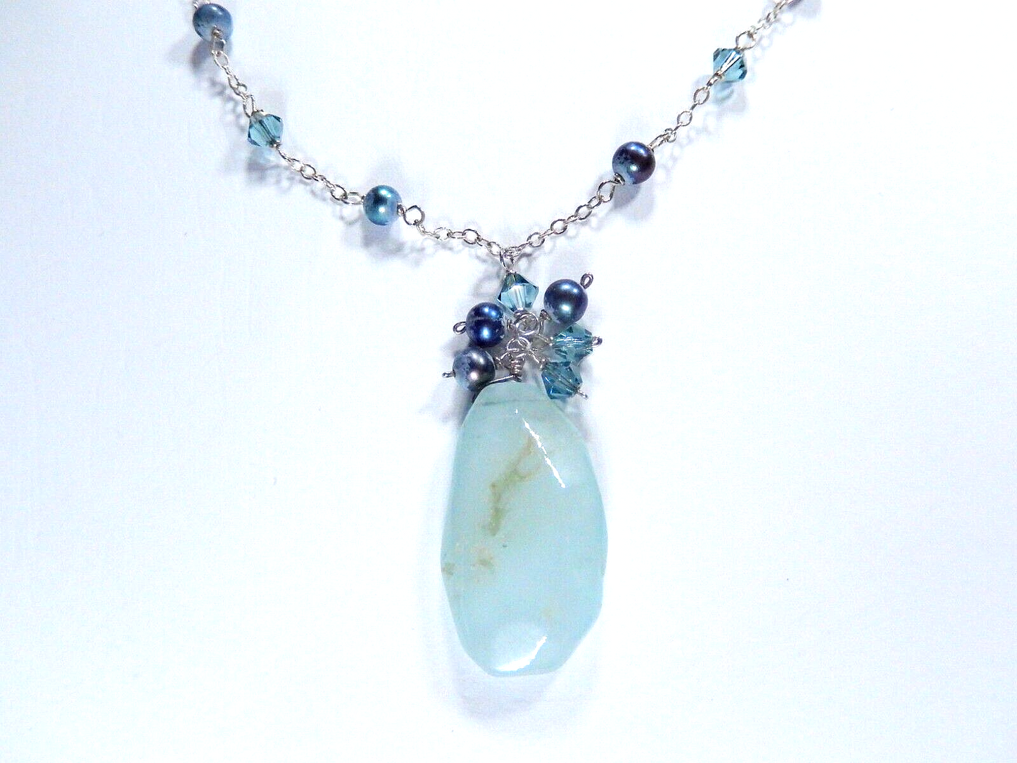 *VINTAGE*  Sterling Silver JADE-PEARL-BLUE CRYSTAL Beaded Necklace 18" Length