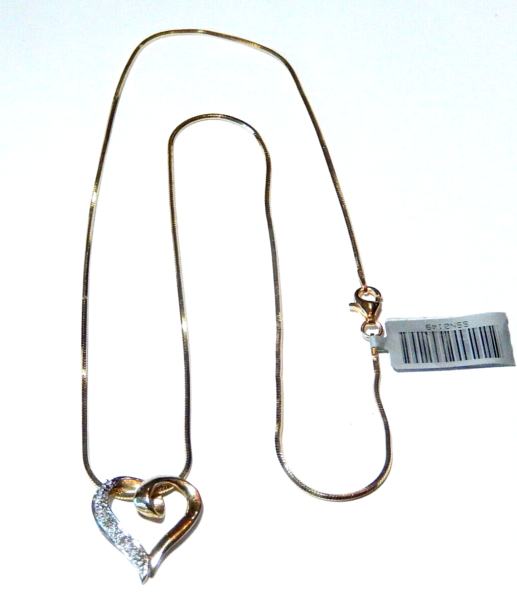 10K Yellow White Gold Floating Open Heart Pendant 5 Diamonds w 18 Chain