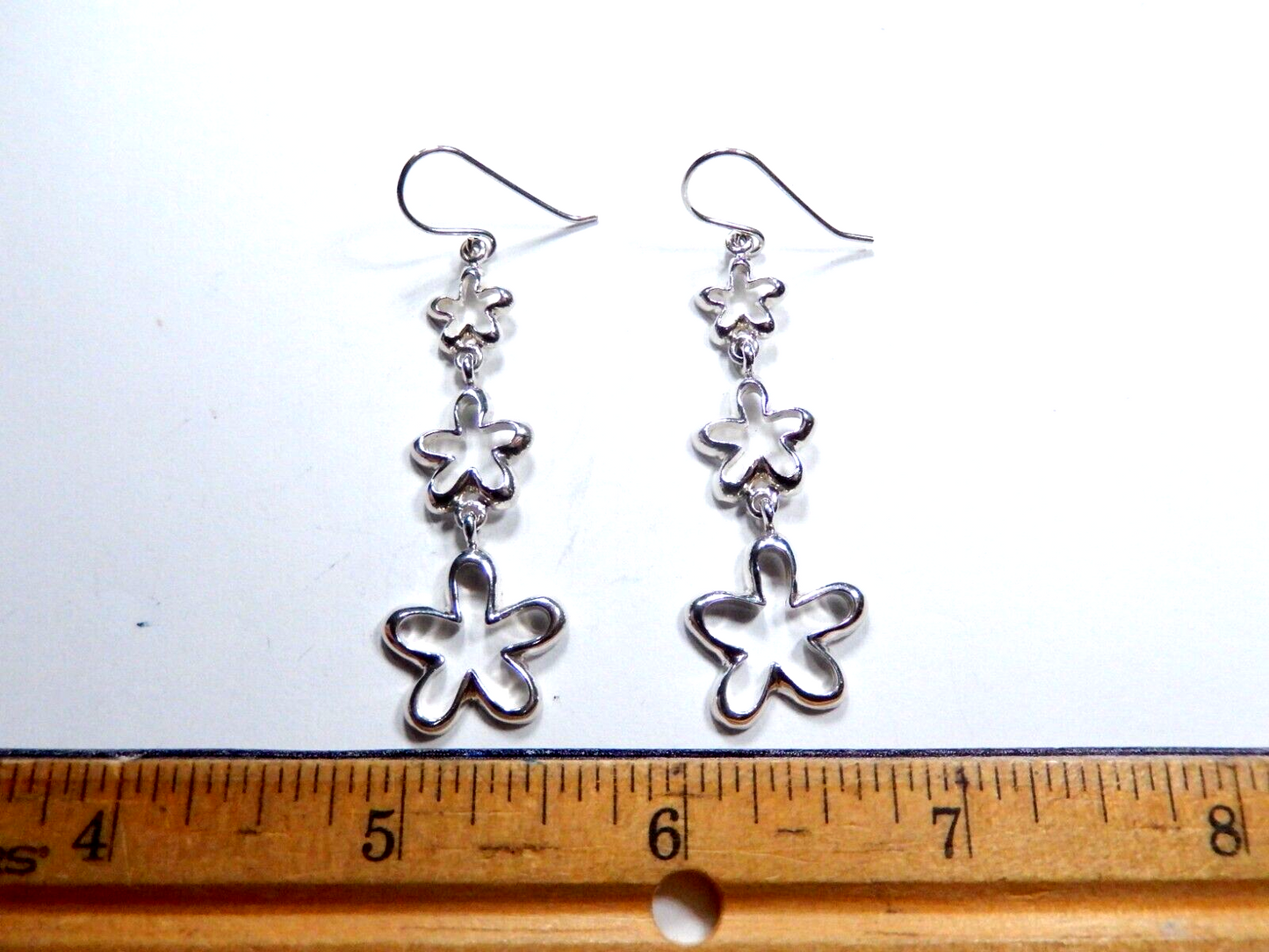 Nice Thick Sterling Silver 925  Three Star Dangle Earrings - 2-1/2" Long