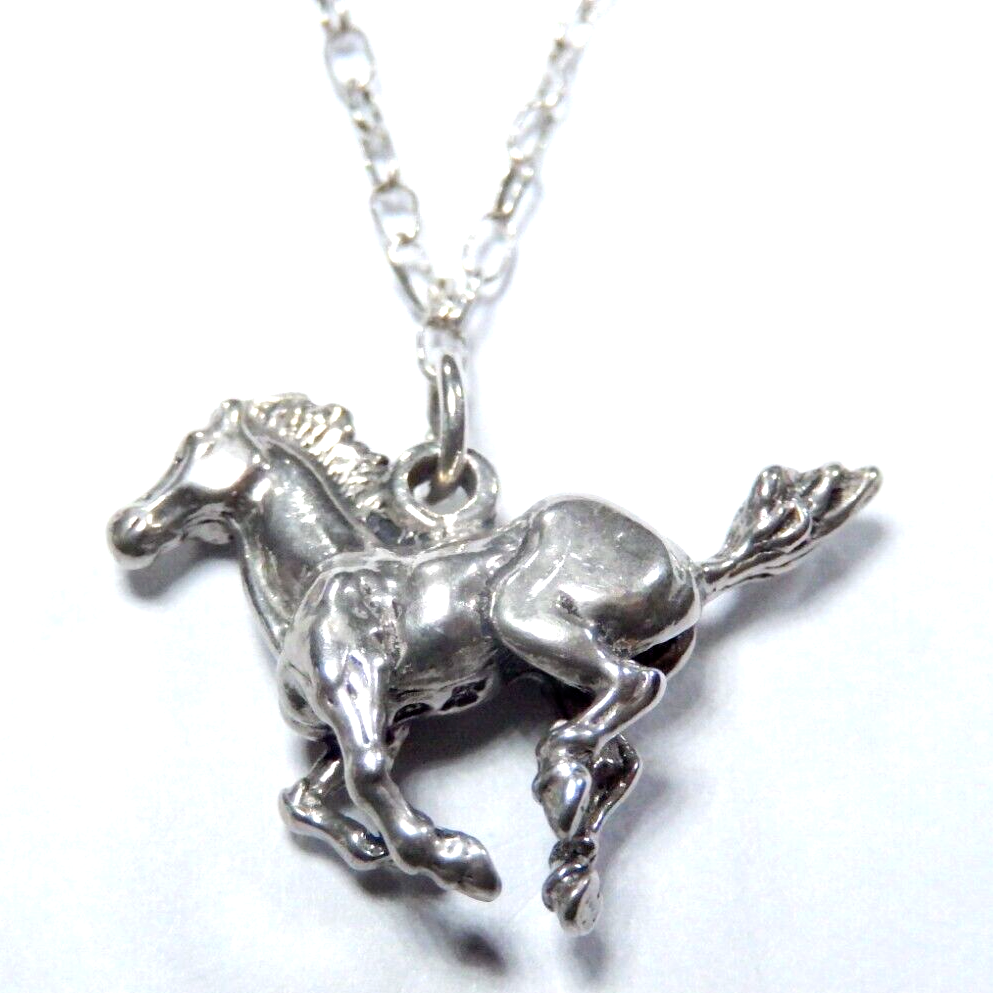 Wild Mustang Horse Galloping 3D Solid Sterling Silver Charm Pendant w/20"Chain