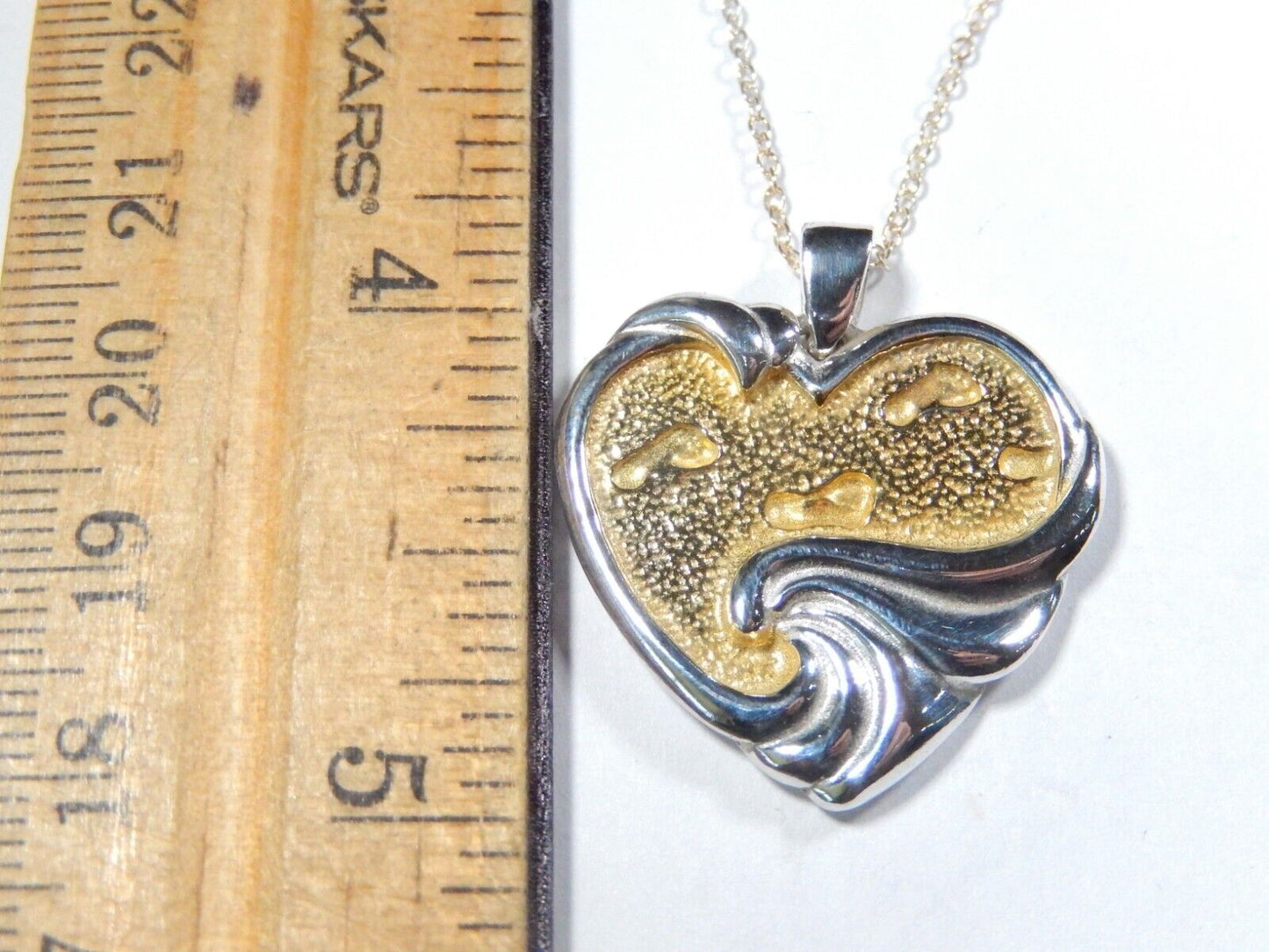 Gorham Sterling Silver  Gold Overlay Heart Pendant Footprints In The Sand w18