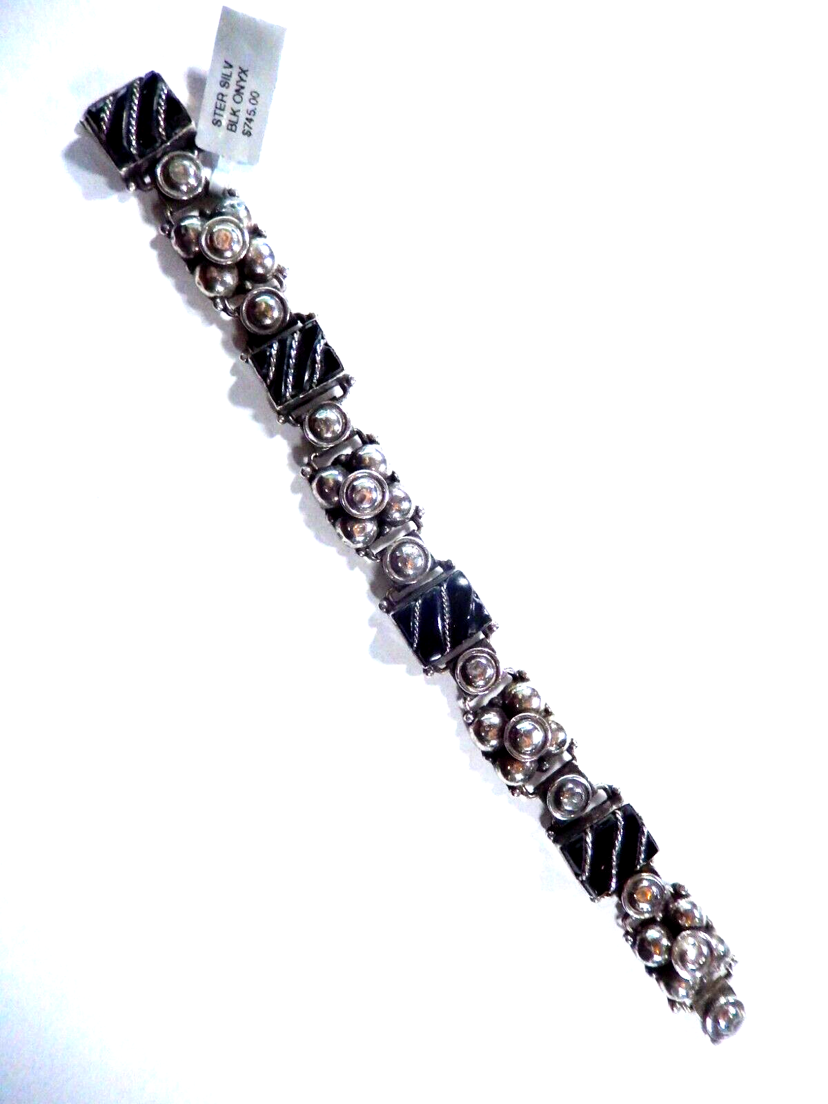 Vintage Sterling Silver 925 Mexico Black Onyx Silver Pebbles Panel 7 Bracelet