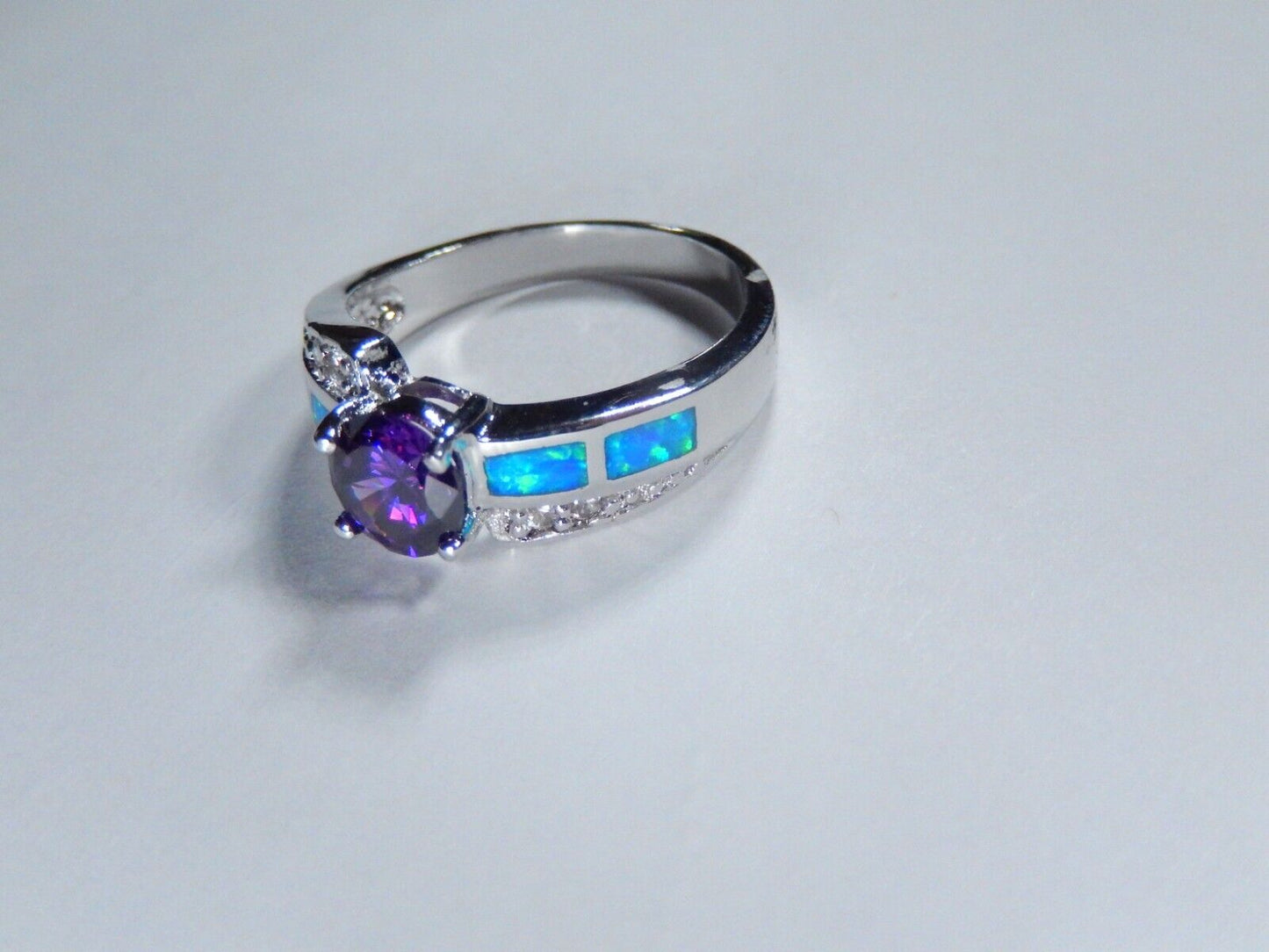 Amethyst & Blue Fire Opal Inlay with CZ Accents 925 Sterling Silver Ring sz 8.5