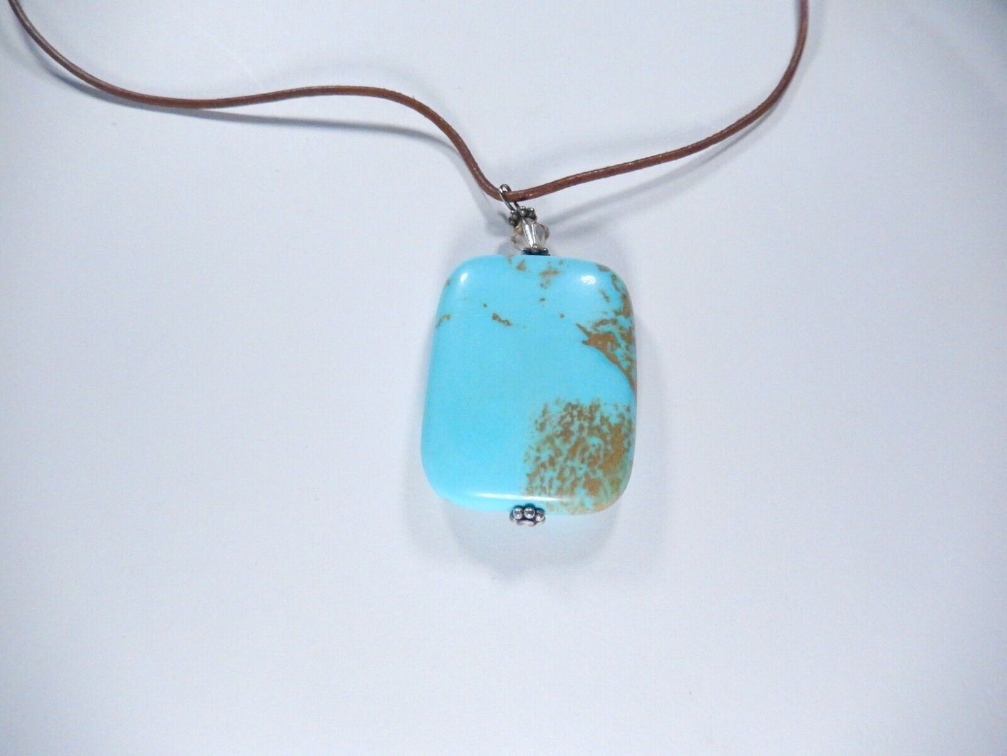 VINTAGE Southwestern Huge Solitary Turquoise Gemstone On Leather Strand Necklace