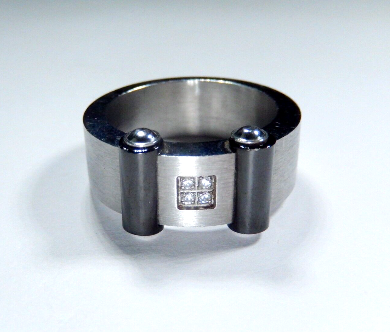 NICE THICK Brushed Stainless Steel 9mm Black IP Plated CZ Band Size 9.75