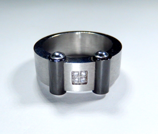NICE THICK Brushed Stainless Steel 9mm Black IP Plated CZ Band Size 9.75