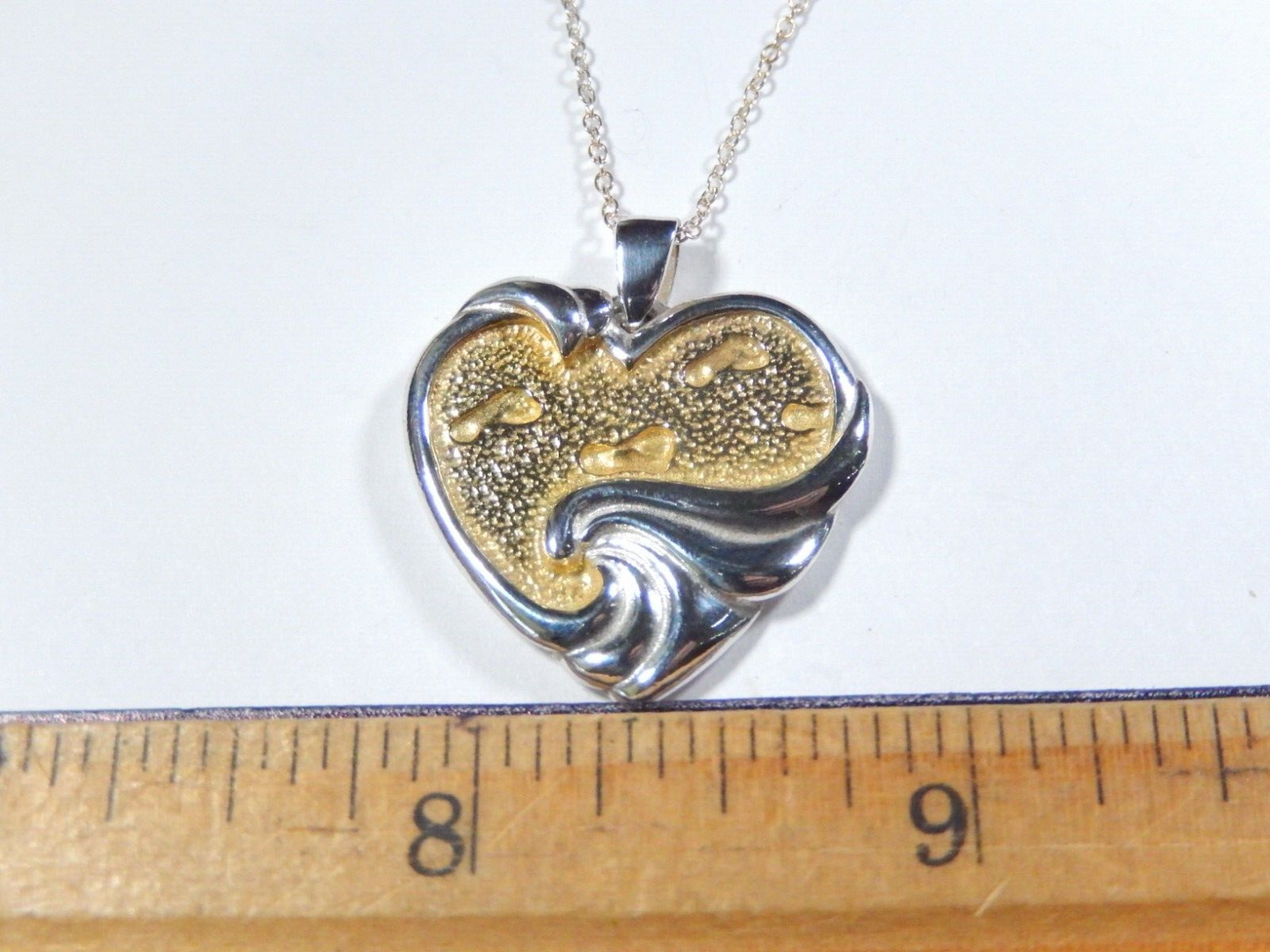 Gorham Sterling Silver  Gold Overlay Heart Pendant Footprints In The Sand w18