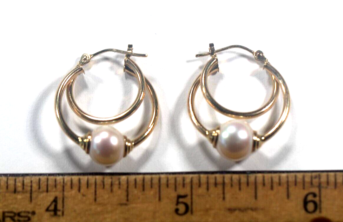 Solid 14K Yellow Gold 20 mm Double Hoop 8 mm Round Pearl Earrings