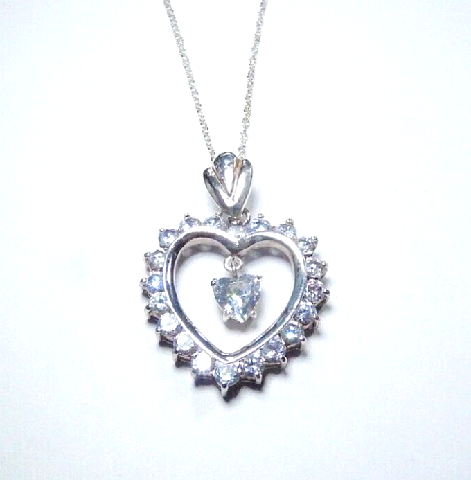 VINTAGE* Sterling Silver 3CT CZ Heart w/ CZ Solitaire Dangle Pendant w/18" Chain