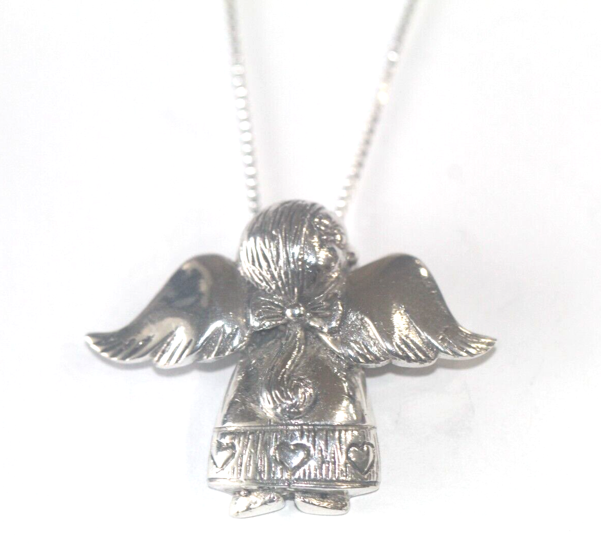 *VINTAGE* Sterling Silver Christmas Angel Pendant Signed JM Thailand w/18" Chain