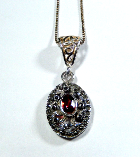 VINTAGE Sterling Silver Garnet and Marcasite Oval Pendant w 18 Sterling Chain