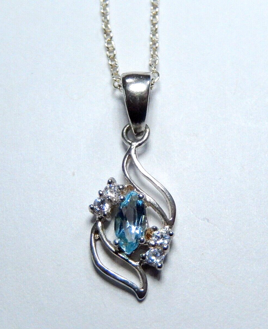 Sterling Silver Blue Topaz and CZ Pendant Necklace 18"