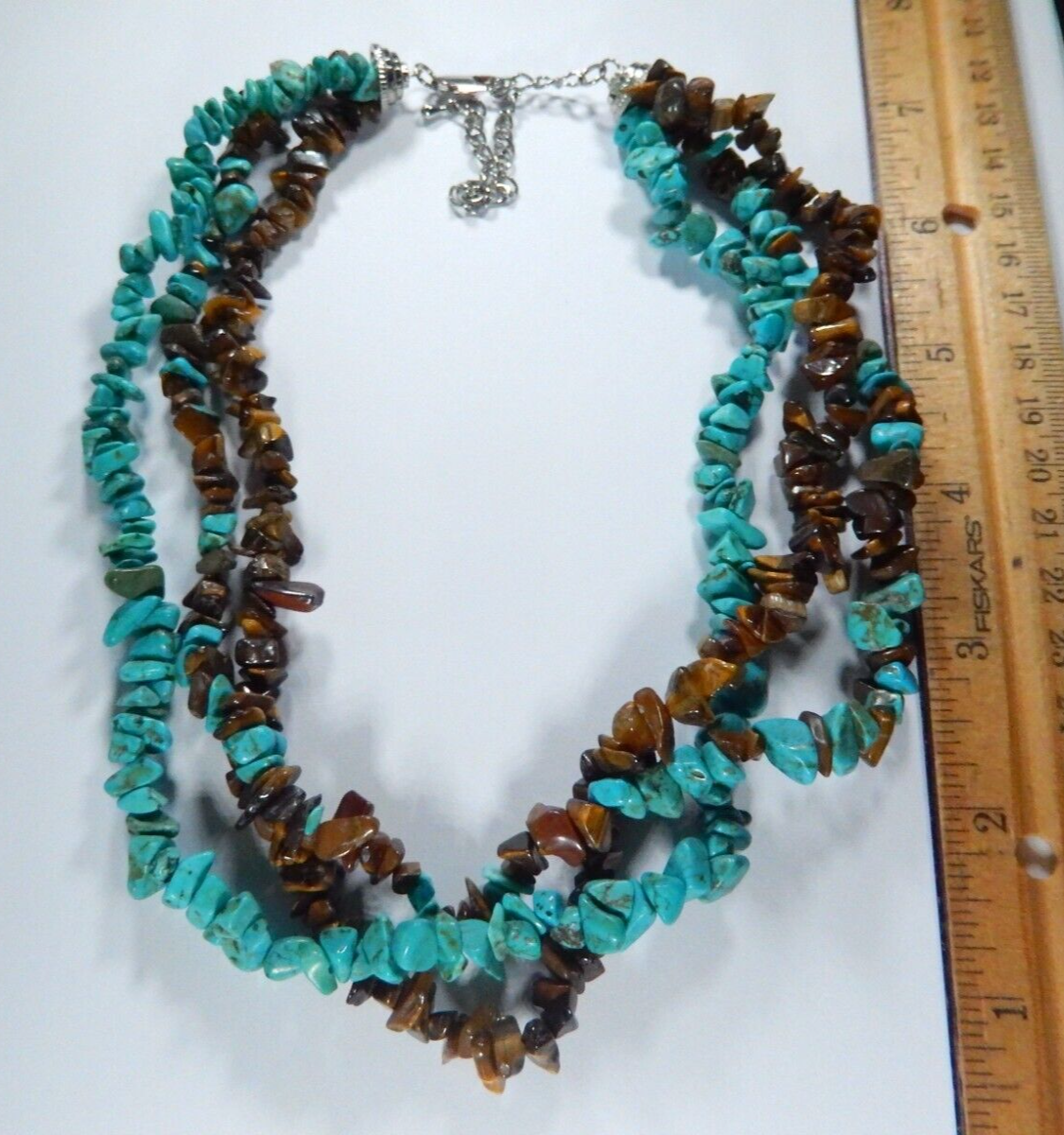 *VINTAGE* Three Strand Genuine Turquoise And Tiger Eye Nuggets Beads 18"Necklace
