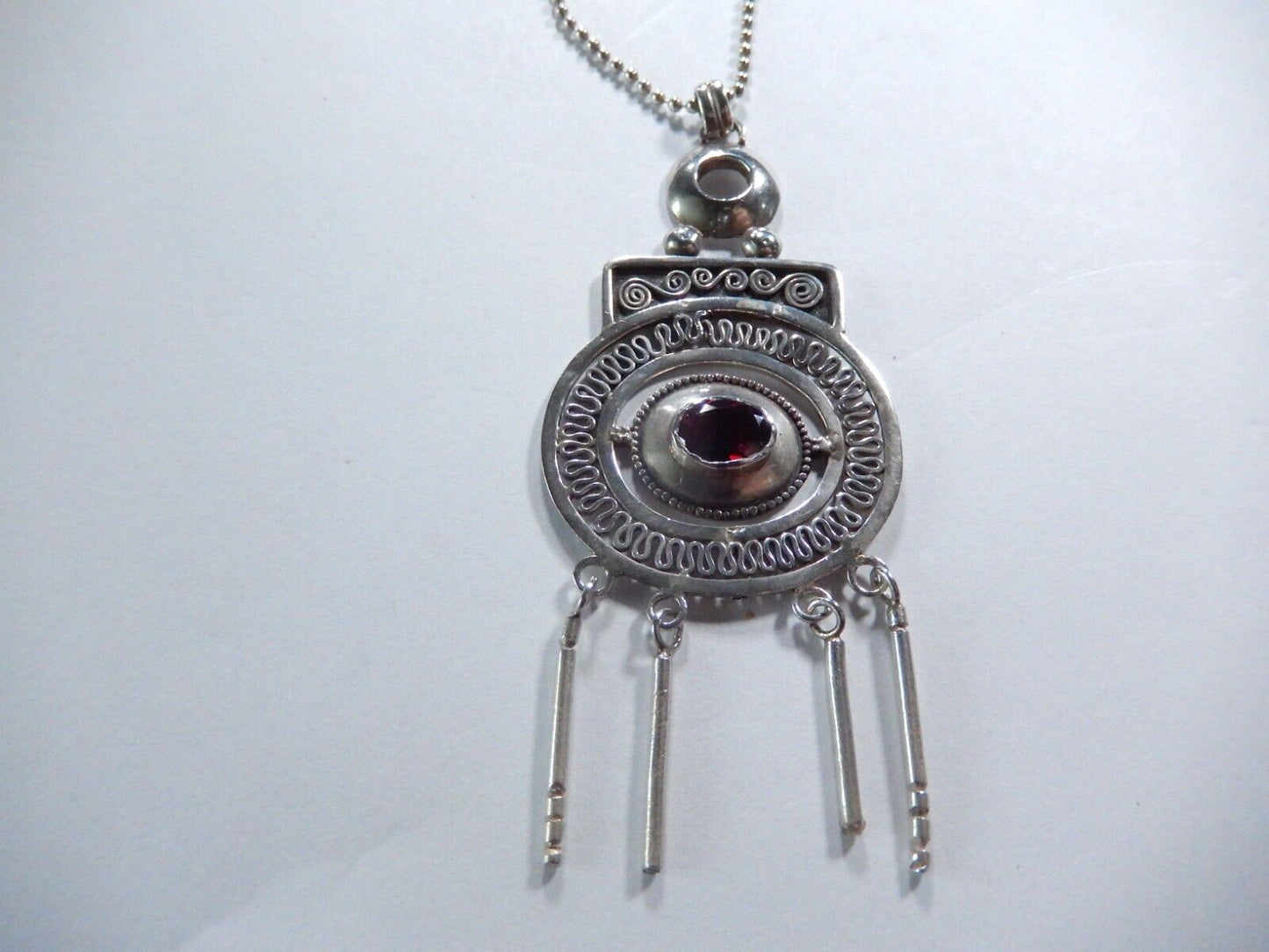 *VINTAGE* Sterling Silver Boho Art Deco 90s Garnet Pendant w/Bead-Ball 24"Chain