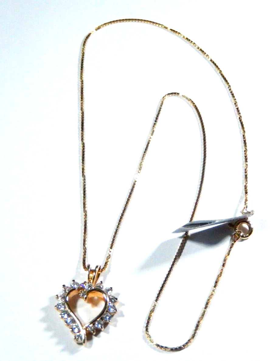 NWT 100CT Gold Vermeil Heart Cubic Zirconia Pendant w 18 Sterling Chain