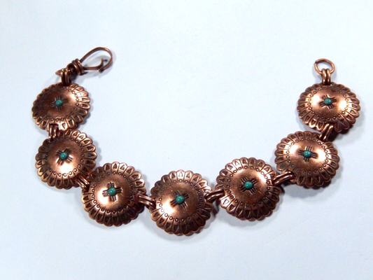 Vintage Southwest Copper Stamped Turquoise Concho 7 Links Bracelet 8" Length