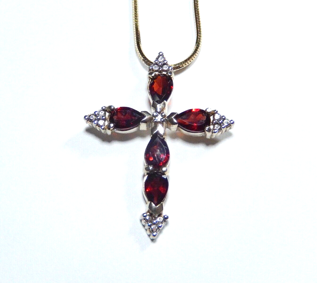 Vermeil Gold Over Sterling Silver GARNET  DIAMOND Cross Necklace w18 Chain