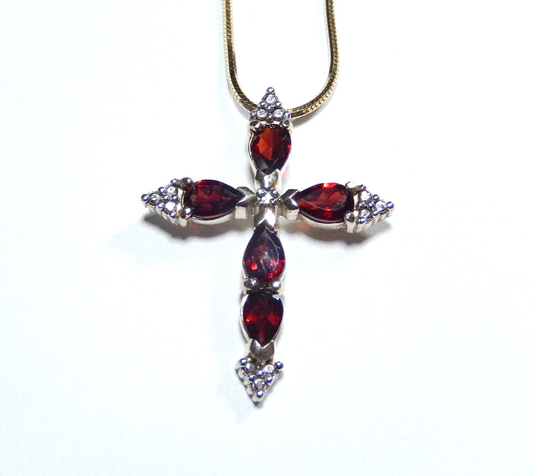 Vermeil Gold Over Sterling Silver GARNET  DIAMOND Cross Necklace w18 Chain