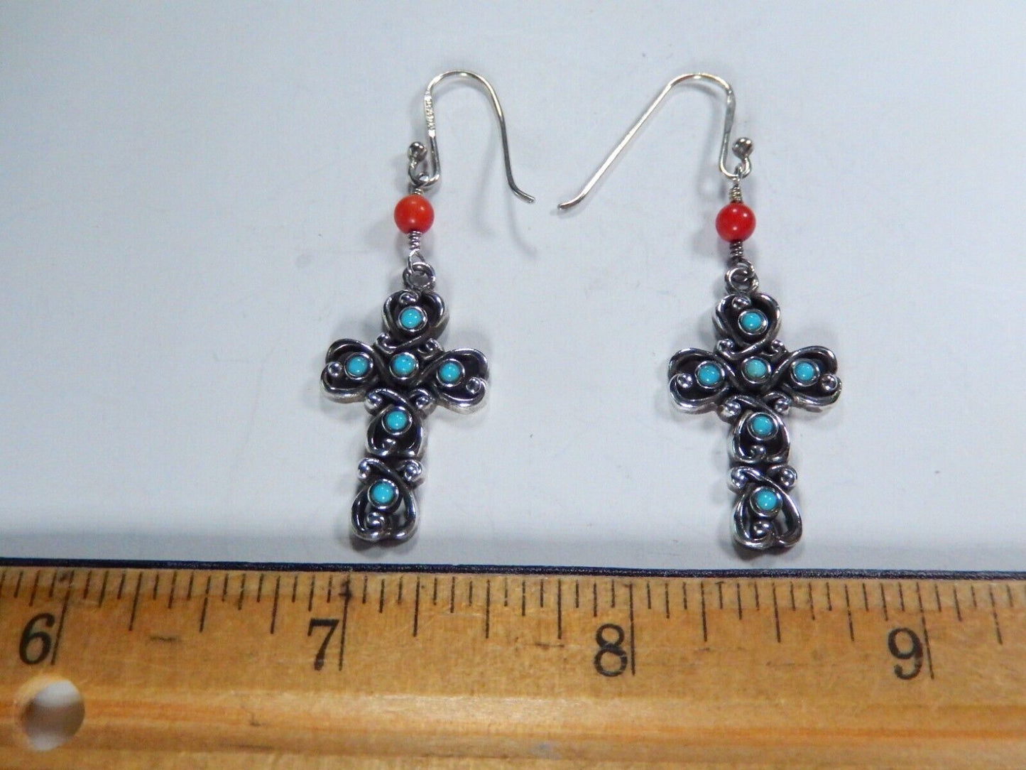 SOUTHWEST 925 Sterling Silver Turquoise & Coral Cross Dangle Earrings 2-1/4"