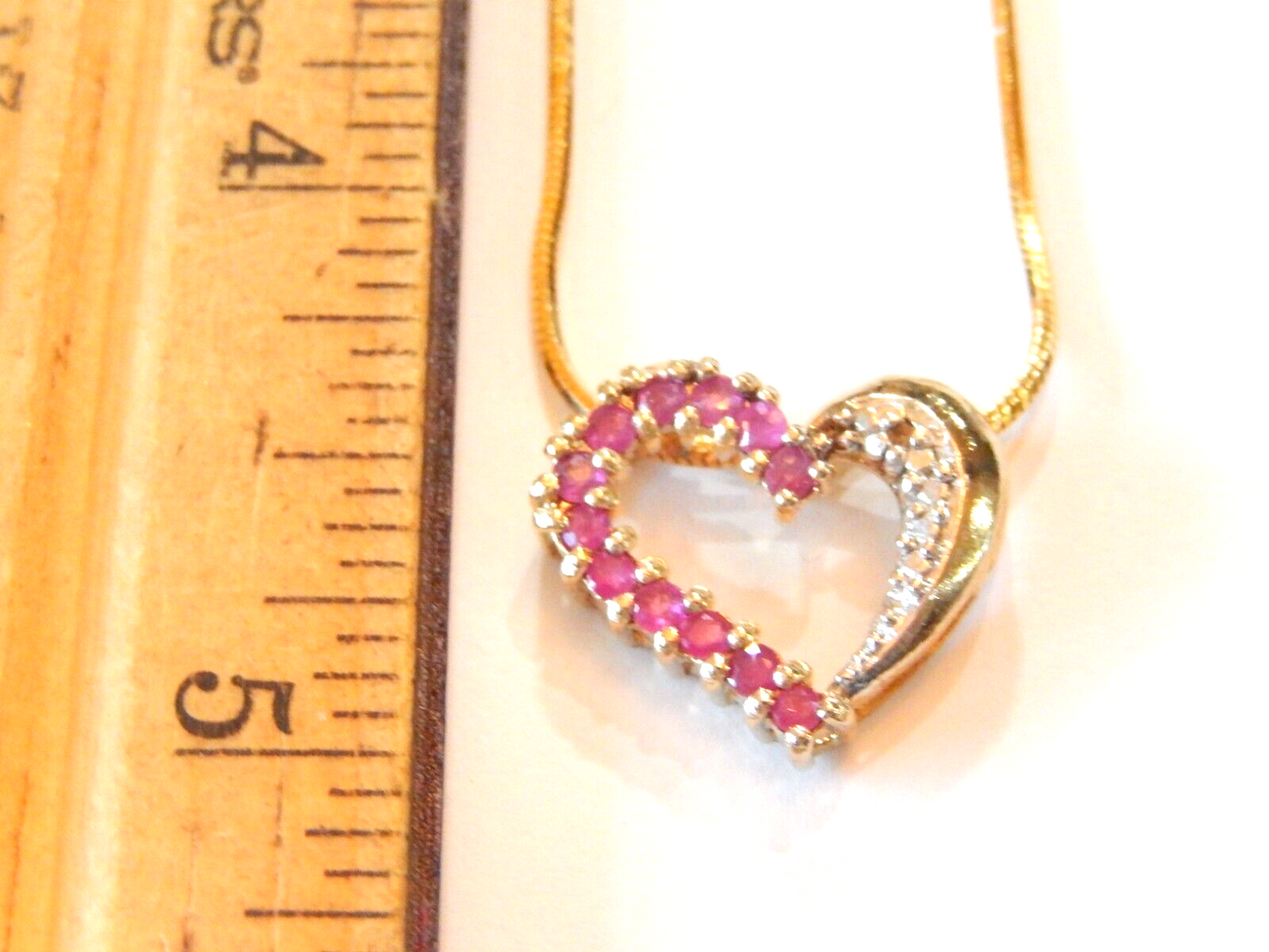 Gold Vermeil 925 Ruby  Diamond Heart Pendant Necklace w18 Smooth Chain