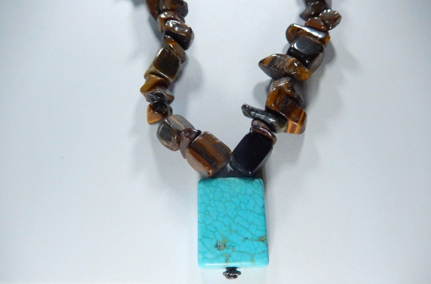 *VIVTAGE* Genuine Tiger Eye Beads and Faux Turquoise 24" Necklace