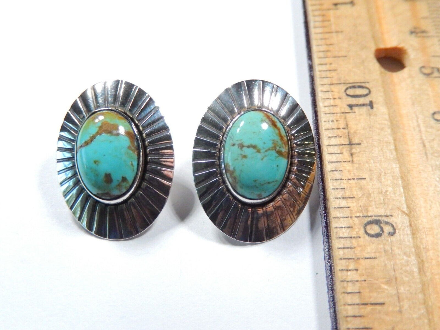 *VINTAGE*  Native American Sterling Silver Turquoise Post Earrings 1" x 3/4"