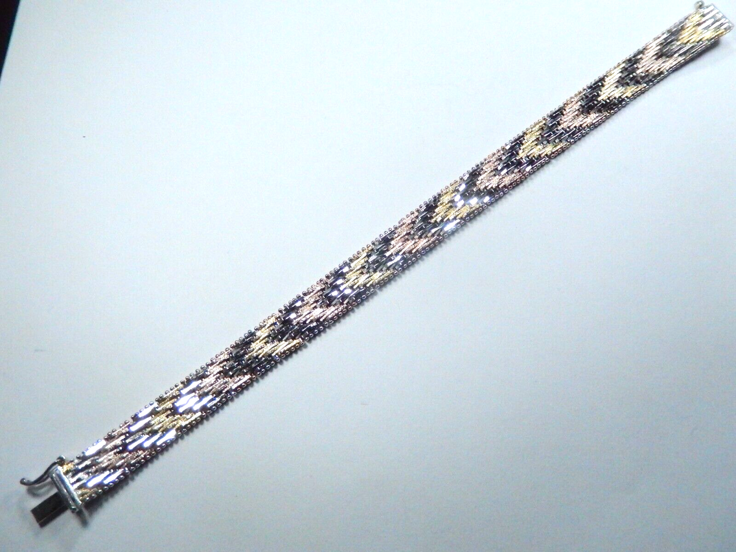 Sterling Silver 925 Tri-Color Gold Chevron Italy Bracelet 9.5mm Wide 21.1 gm -7"