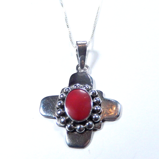 ~VINTAGE~ 925 Mexico Sterling Silver Red Coral Cross Pendant w/18" Chain