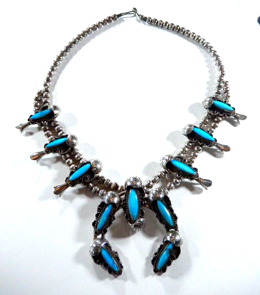 VINTAGE  Native American Turquoise Squash Blossom Necklace Sterling Silver 18