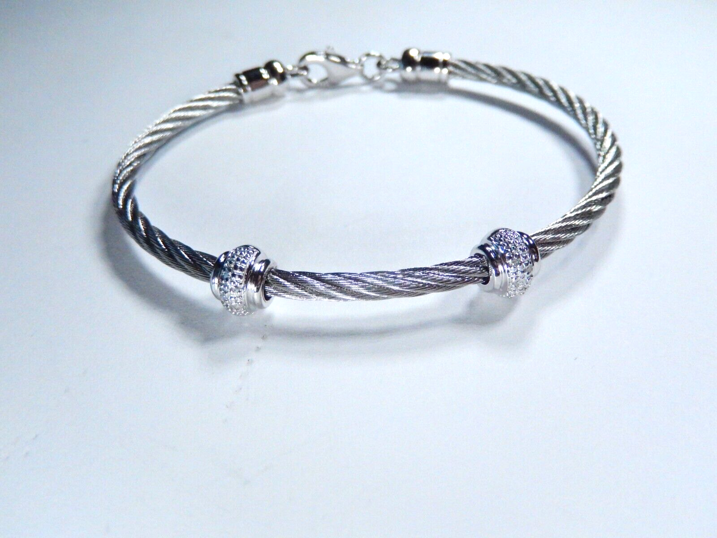 Women's Sterling Silver / Stainless Steel Diamond Twist Bead Bracelet Size = 7"