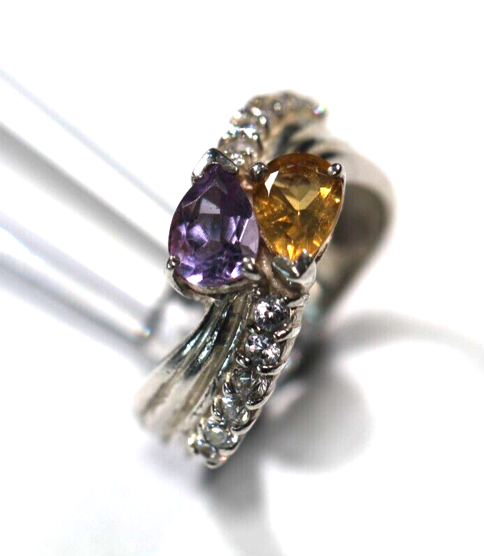 *VINTAGE* Sterling Silver Citrine and Amethyst Bypass Ring 925 Size 6.5