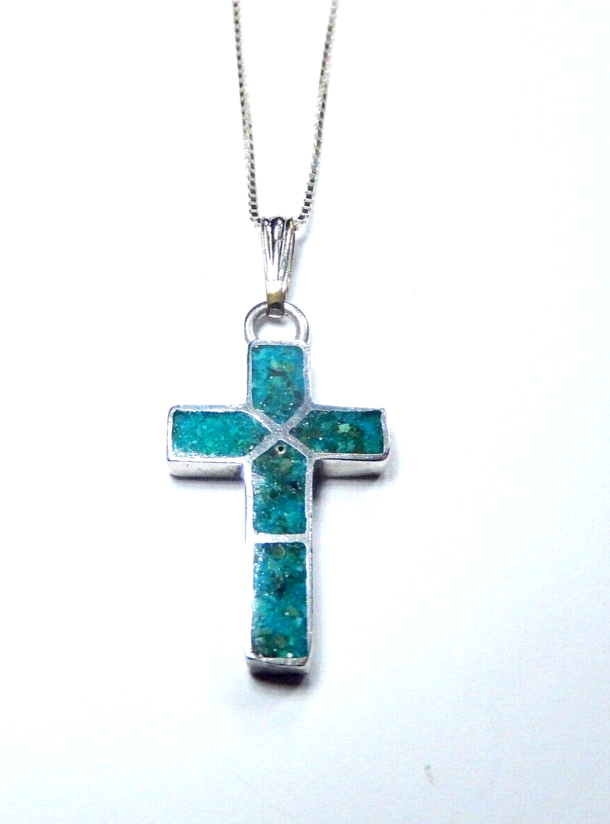 Vintage Native American Sterling Silver Turquoise Cross Pendant with 18" Chain