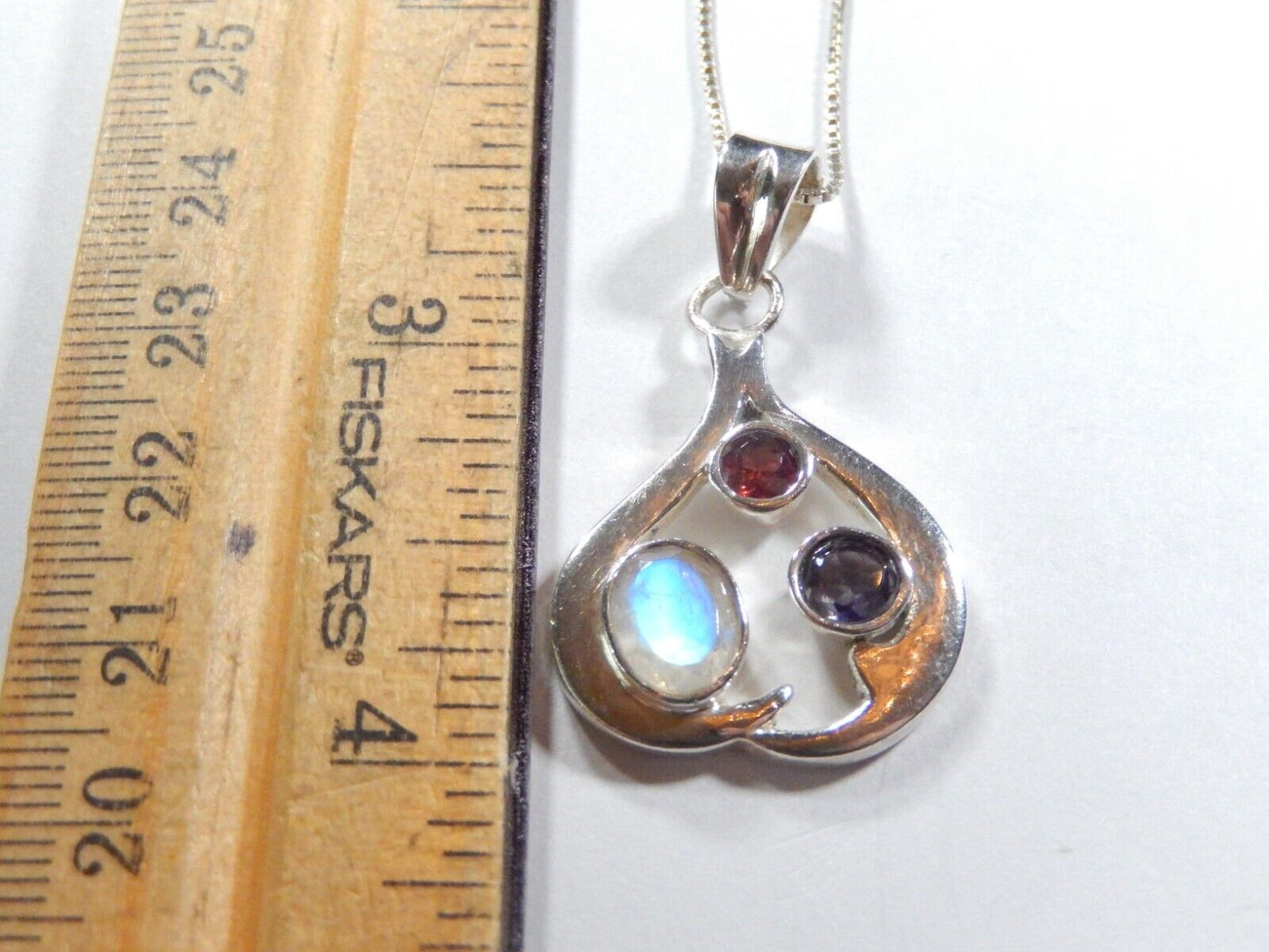 *VINTAGE*  Heavy Sterling Silver Multi Gemstone Pendant w/ 18" Ster. Box Chain