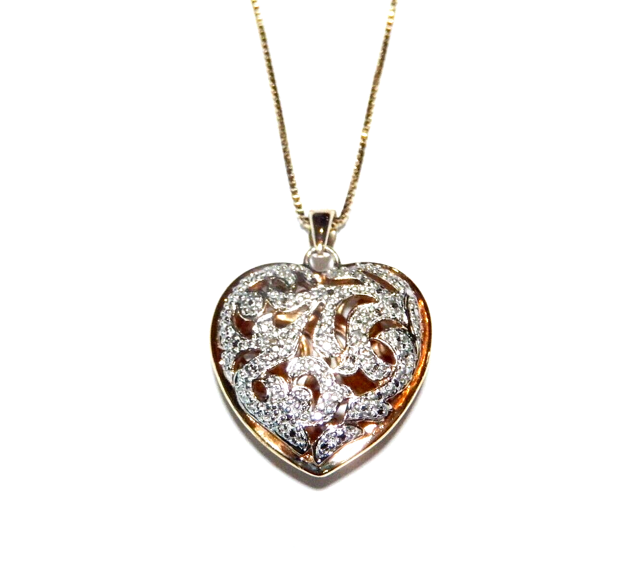 VINTAGE Gold Vermeil 925 Filigree Puffed Heart Diamond Pendant w18 Chain
