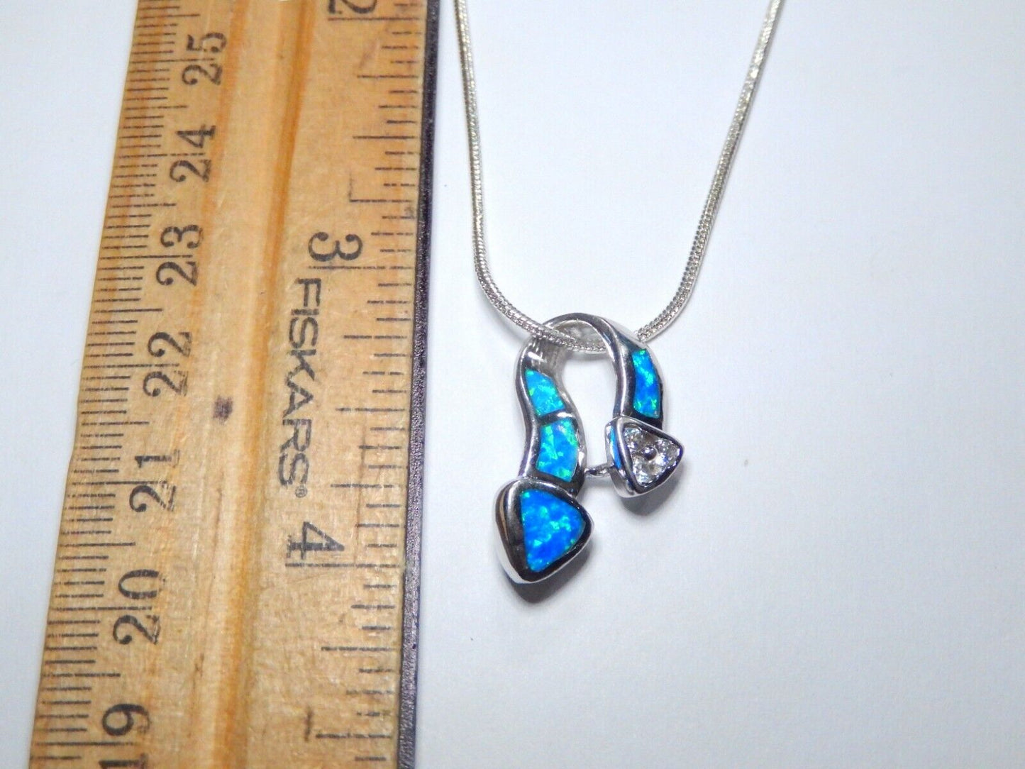 Blue Inlay Fire Opal & CZ Sterling Silver Pendant W /16" Smooth Snake Chain