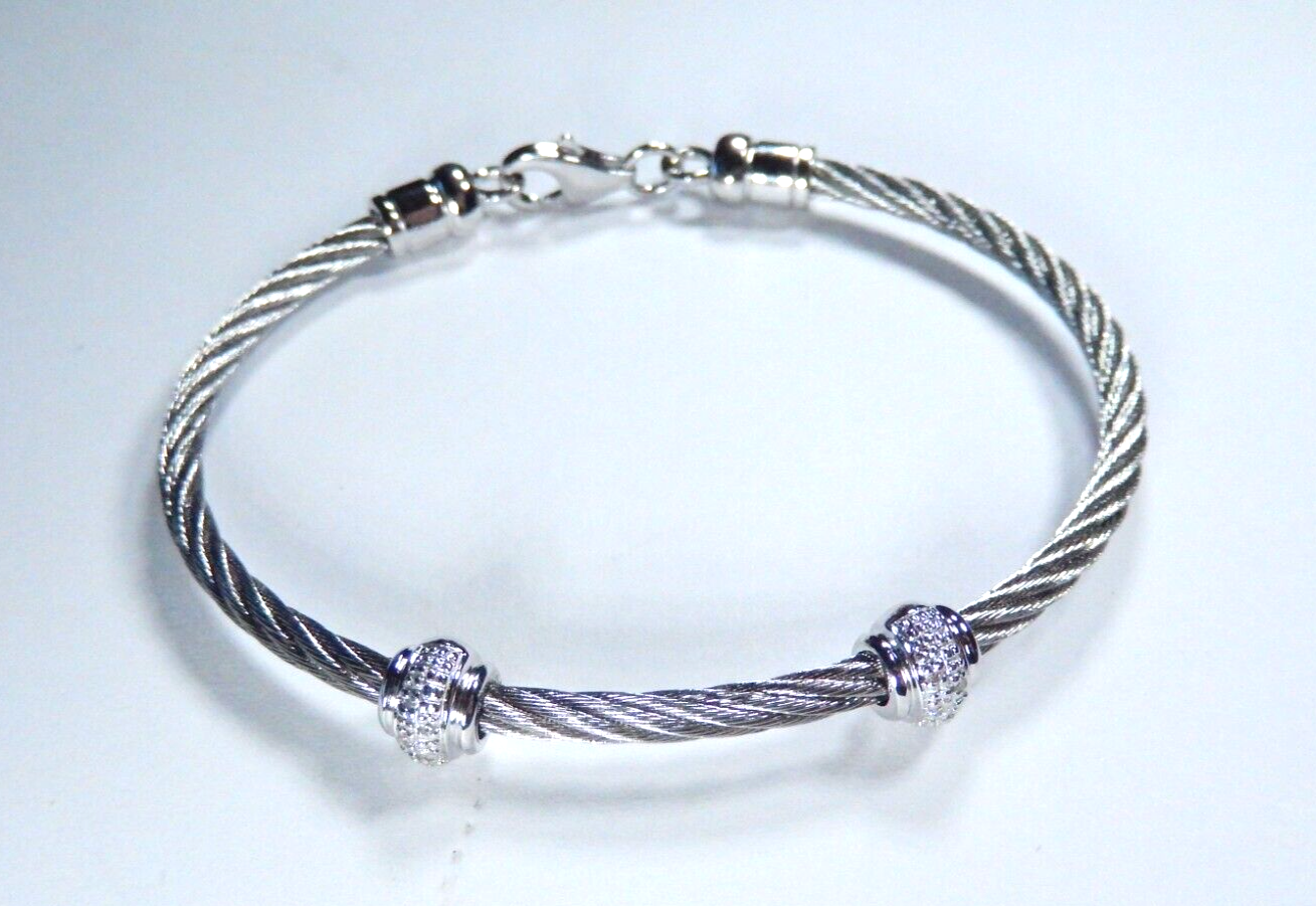 *Women's Sterling Silver / Stainless Steel Diamond Twist Bead Bracelet Size = 7"