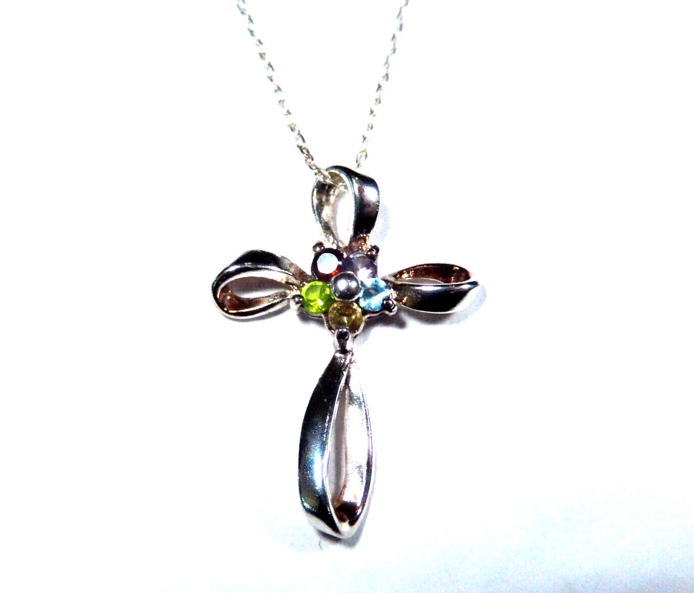 Sterling Silver Freeform Cross Multi Gem Pendant with 18 Sterling Chain