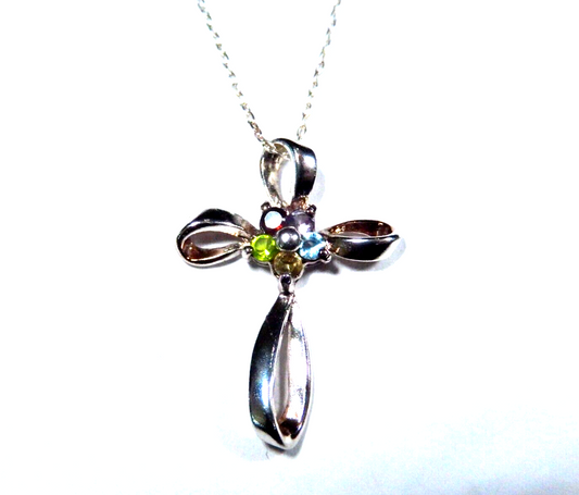 Sterling Silver Freeform Cross Multi Gem Pendant with 18 Sterling Chain