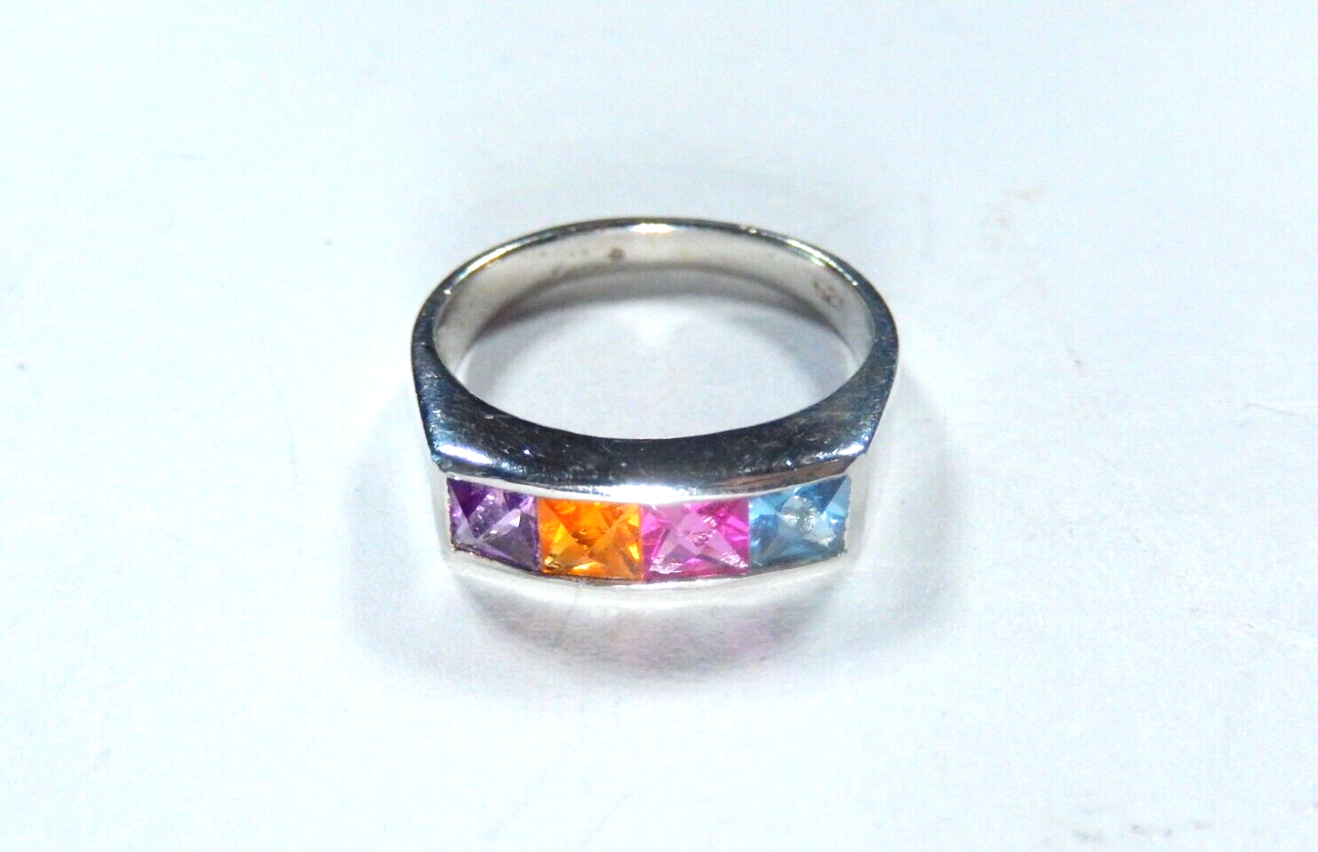 Sterling Silver 925  Multi Gem 3/16" Wide Band Ring Size 5.5