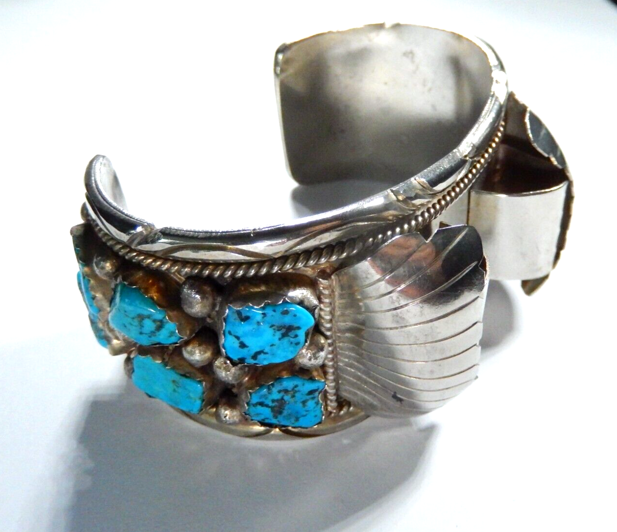 VTG Mens Native American Navajo Sterling Silver Turquoise Watch Cuff Bracelet