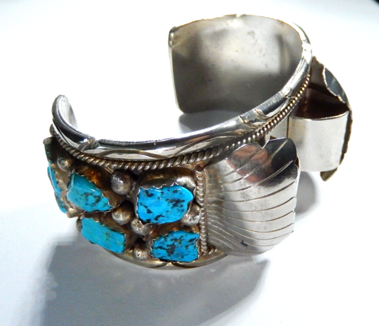 VTG Mens Native American Navajo Sterling Silver Turquoise Watch Cuff Bracelet
