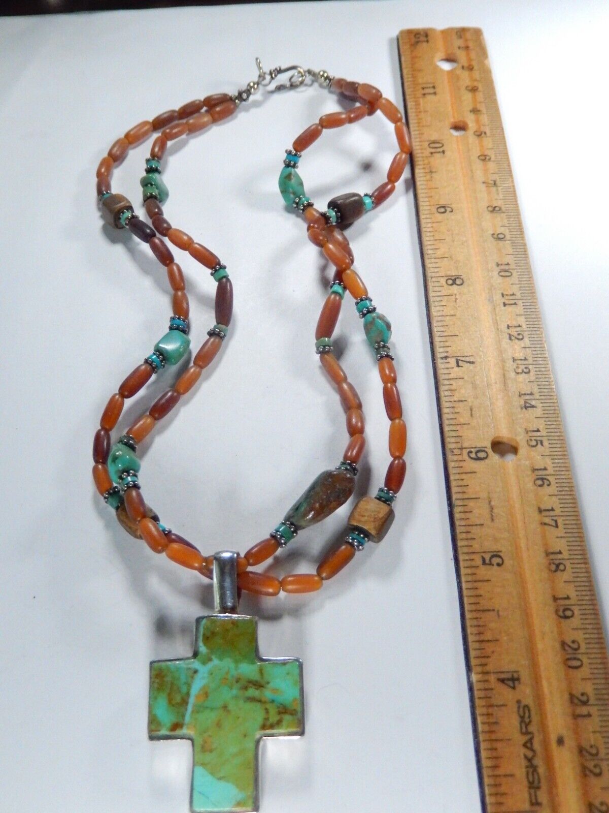 VINTAGE* Southwest Sterling Silver Turquoise Cross Pendant & Beaded 17"Necklace