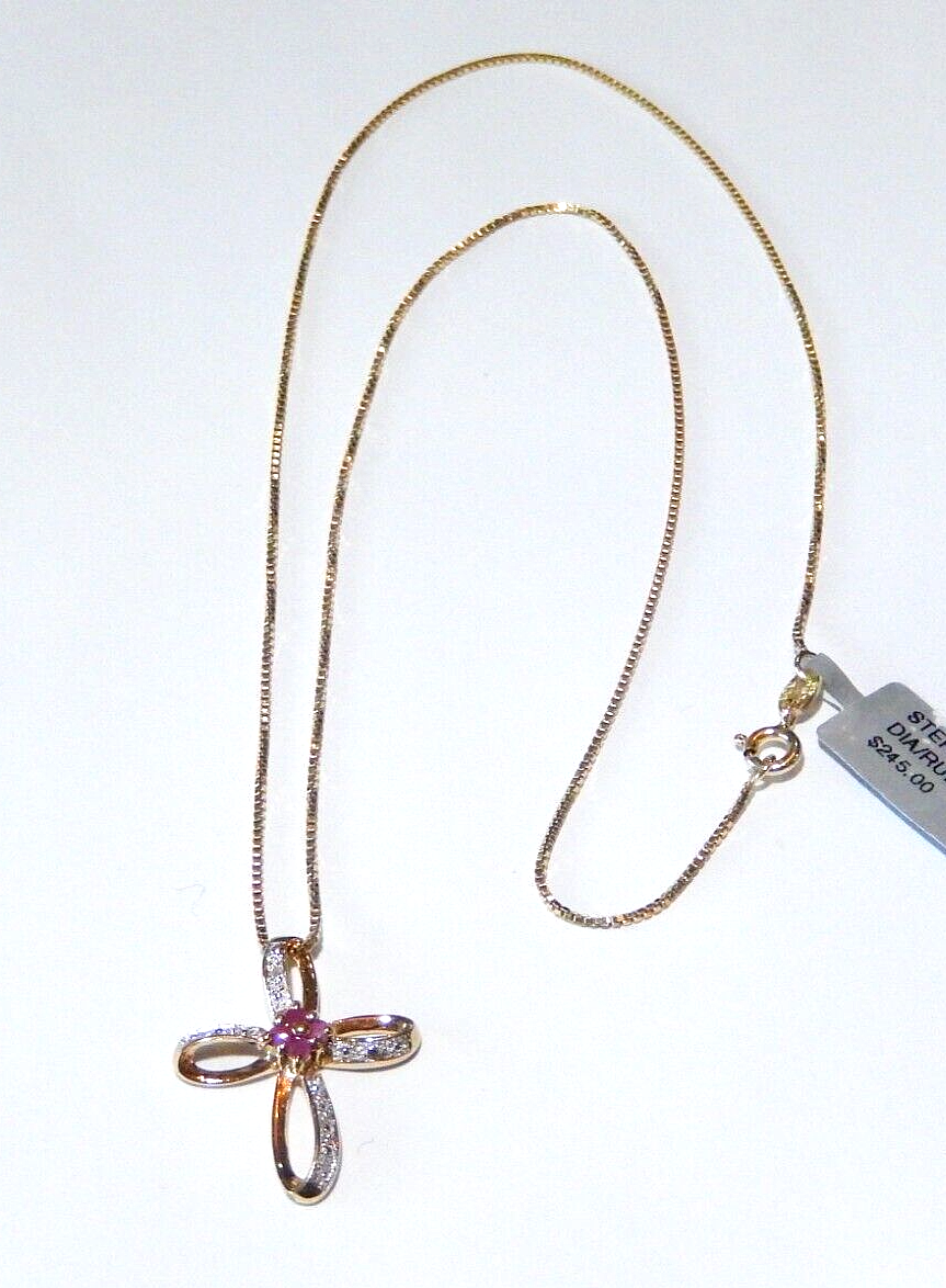 NWT Gold Vermeil 925 Ruby  Diamond Cross Pendant  18 Vermeil Chain