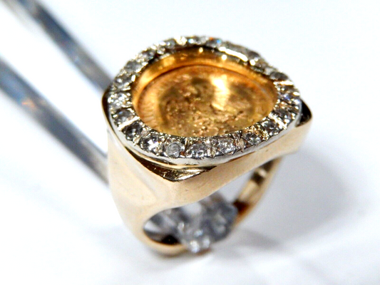 Stamped 14K Gold  Diamond Ring w 90 1945 Dos Pesos Mexican Gold Coin Size 4
