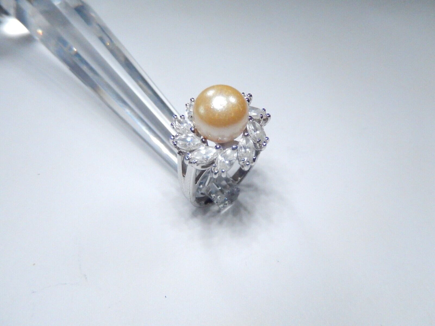 Sterling Silver 925 Faux Pearl and Cubic Zirconia Statement Ring  Size 7